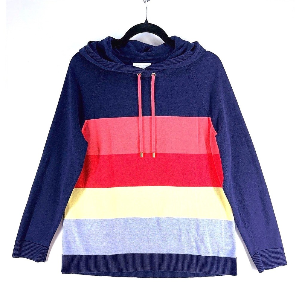 Blue Yellow Pink Colorblock Hooded Sweater XL Preppy Rainbow Pullover Coastal